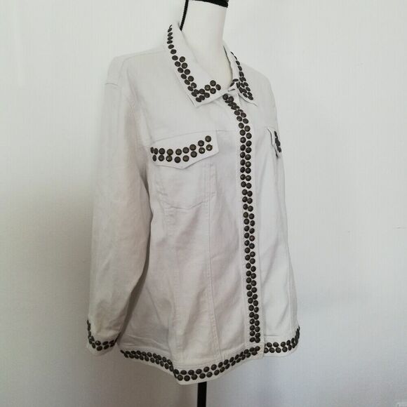 DG2 Diane Gilman Heavily Embellished Studded White Denim Snap Down Jacket 2X - Picture 4 of 9